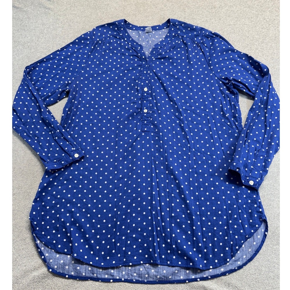 Old Navy Polka Dot Tunic Women L Blue Long Sleeve Henley V-Neck Top Classic Chic